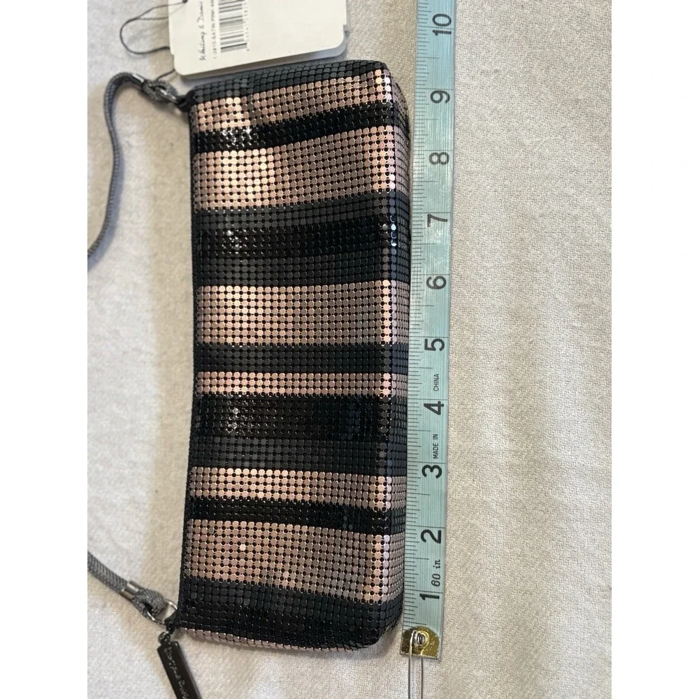 Vintage Whiting & Davis NWT Striped Mesh Clutch Writlet Blk/Pink Zip Logo Lined